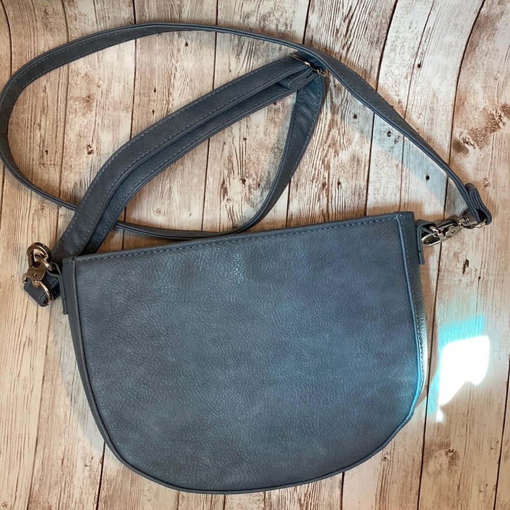 Thirty One Half Moon Crossbody Denim Distressed Pebble